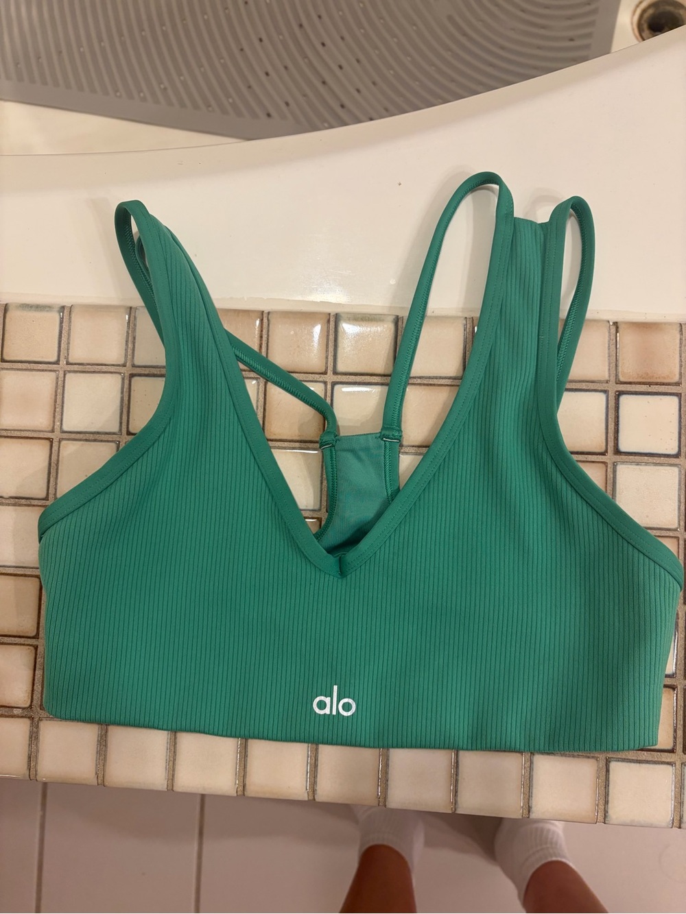 ALO Yoga Green Ribbed V-Neck Double-Strap Top
